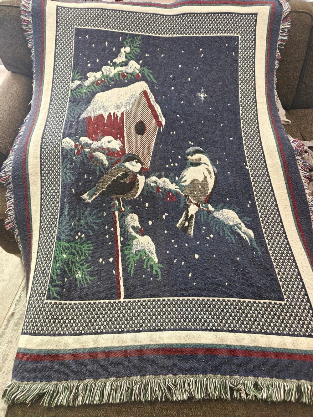 Vintage 1996 Goodwin Weavers MWW Winter Birdhouse Tapestry Throw Blanket Fringed